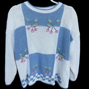 Vintage No Jeans Womens Sweater Small Colorblock Cherry 90s‎ Grandma Cottagecore